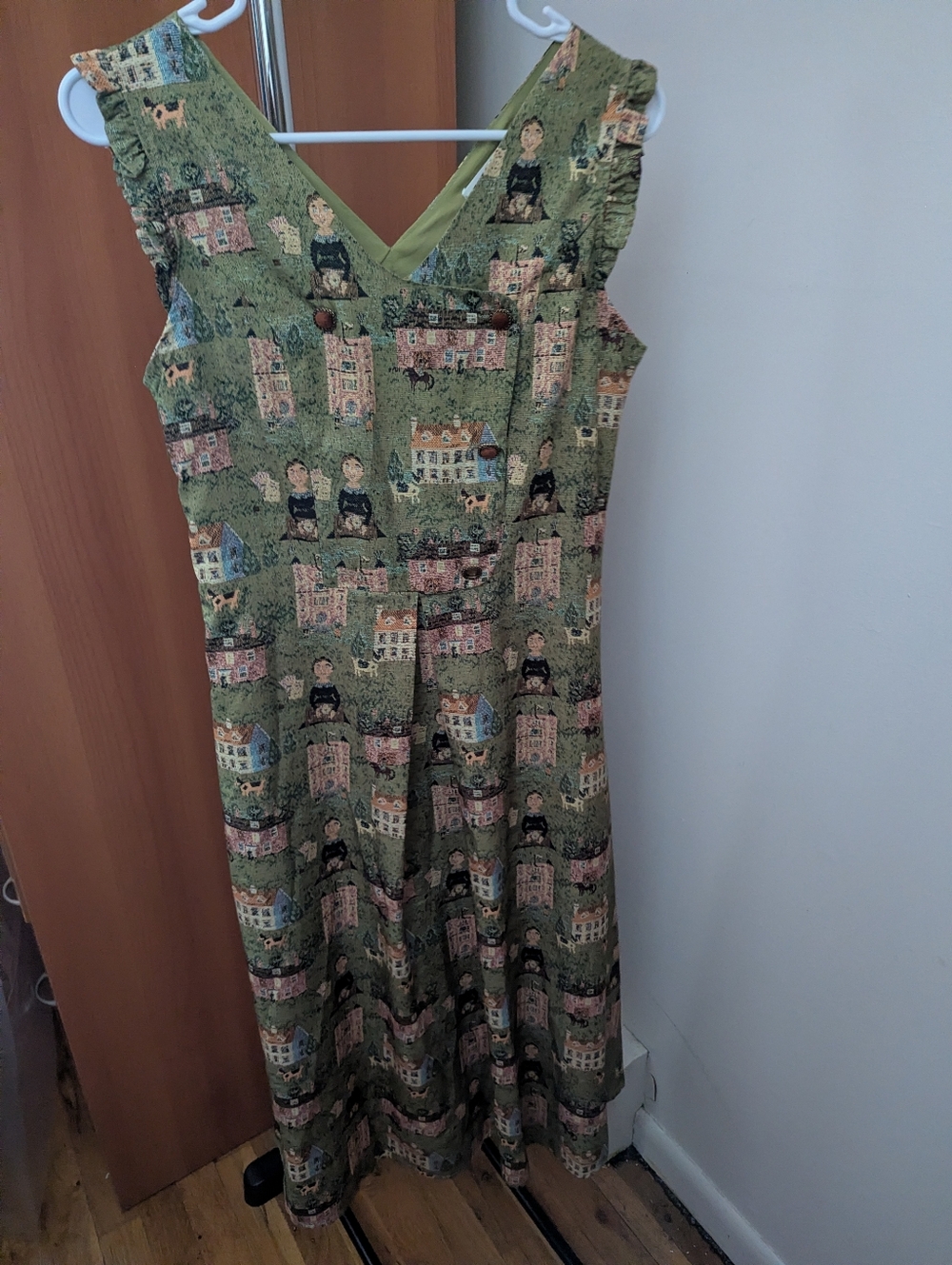 Green Sleeveless Dress with Building Print